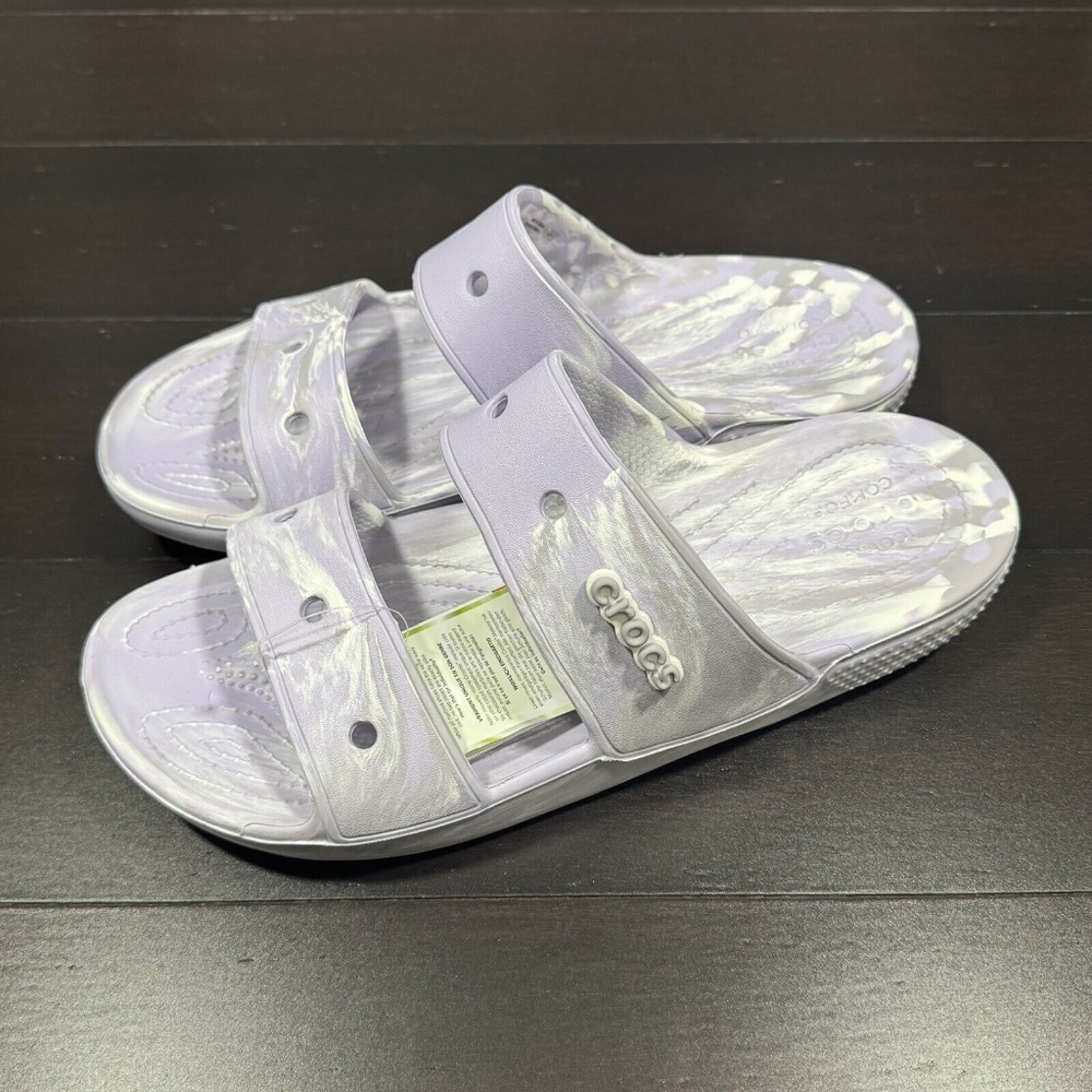 Crocs Classic Marbled Slides Size 11 Purple White Gray Unisex Slides Sandals